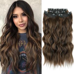 Brown with Highlight Hair Extensions for Women 4PCS Long Wavy Clip in Extensions 20 Inch Synthetic Hair Extensions Clip Ins Daily Party Use