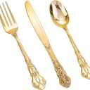 150 Pieces Gold Plastic Silverware - Heavy Duty Gold Disposable Utensils - Fancy Plastic Cutlery Set Includes 50 Forks, 50 Spoons, 50 Knives for Holidays Parties Weddings