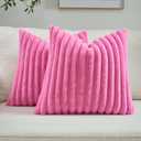 FUTEI Hot Pink Striped Decorative Throw Pillow Covers 26x26 Inch Set of 2,Square Winter Decorations Couch Euro Pillow Shams,Soft Cozy Faux Rabbit Fur & Velvet Back,Modern Home Decor for Bed