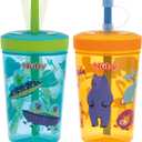 Nuby Thirsty Kids Super Sipper No-Spill Toddler Cup with 360 Silicone Valve & Swivel Straw - (2 Pack) 14 oz - Leak-Resistant with Easy Clean Design - Animals & Space