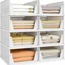Pinkpum 8 Pack Closet Organizers and Storage Plastic Stackable Storage Bins, Foldable Drawer Shelf Storage Container for Wardrobe Kitchen Bathroom Dorm White