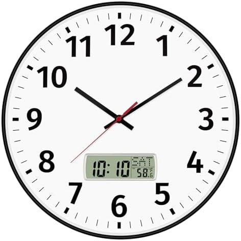 Foxtop 14 Inch Digital Wall Clock with Time, Day of Week and Temperature, Silent Non-Ticking Battery Operated Round Digital and Analog Black Wall Clock for Office Classroom Bedroom Home School