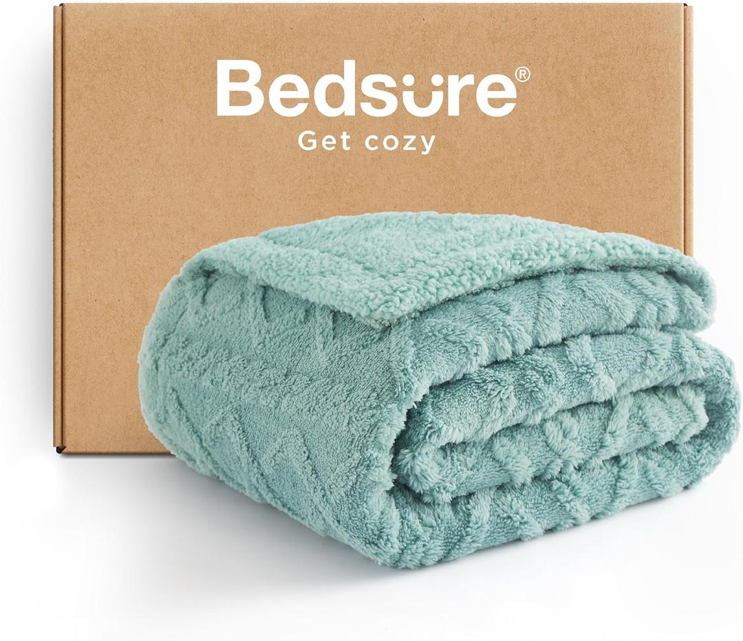 Bedsure Gentlesoft Sherpa Fleece Throw Blanket for Couch - Fluffy & Cozy Cable Jacquard Tufted Throw for Women Gift, Thick and Warm Christmas Blanket for Winter, Sage Green, 50x60 Inches