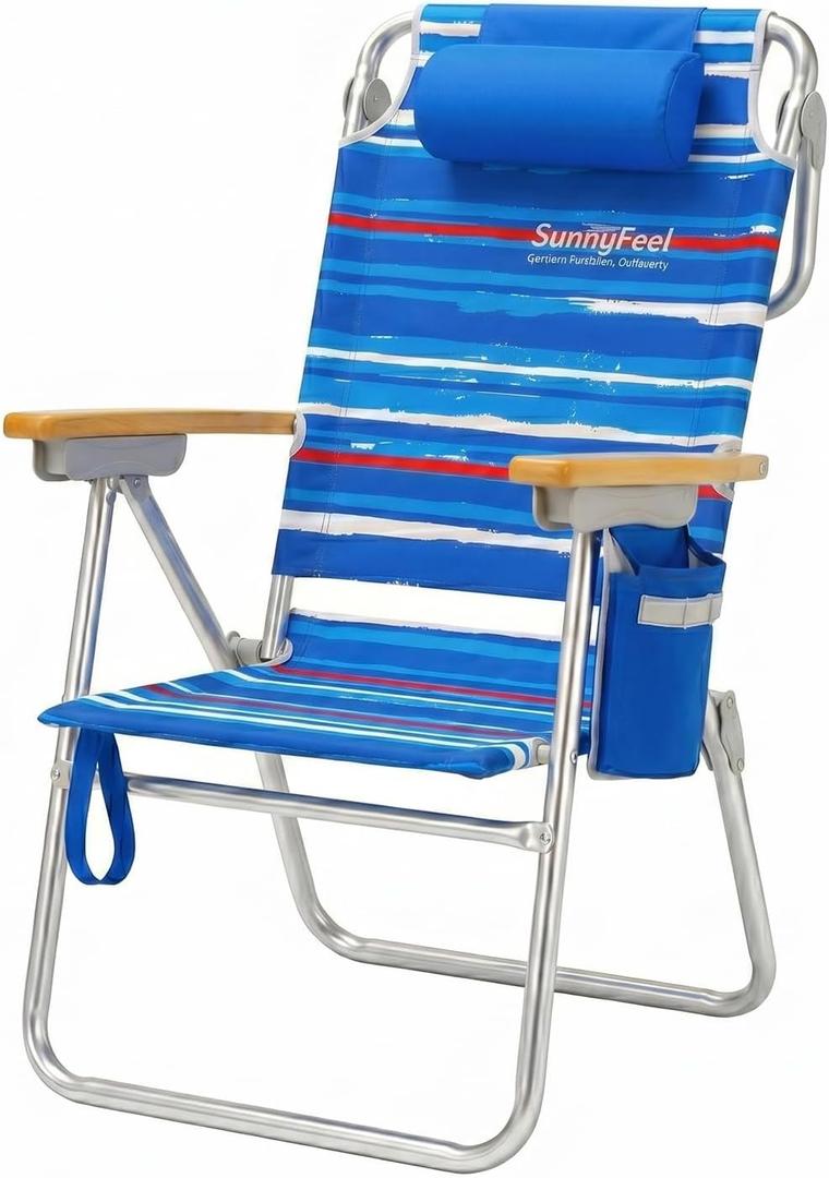 SUNNYFEEL Premium High Back Beach Chair for Adults, Heavy Duty All Aluminum Folding Beach Chair Supports 500 LBS, 5-Position Reclining Tall Beach Chair with Wooden Armrests & Head Pillow, Blue Stripe