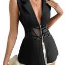 SweatyRocks Women's Lapel V Neck Sleeveless Blazer Sheer Mesh Zipper Vest Jackets Black Large