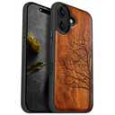Carveit Magnetic Wooden Case for iPhone 16 Case, Wood Artisan Engraved & Black Soft TPU Shockproof Cover, Compatible with MagSafe Wireless Chargers (Eternal Tree) Rosy