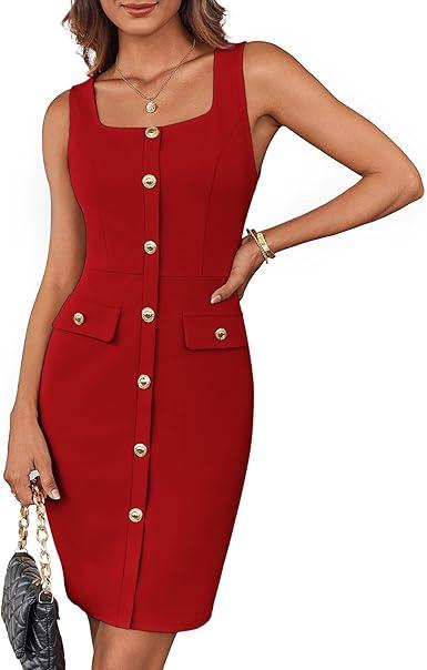 GRACE KARIN Women Business Work Dress Sleeveless Buttons Belted Square Neck Dress Bodycon Midi dress red (M)