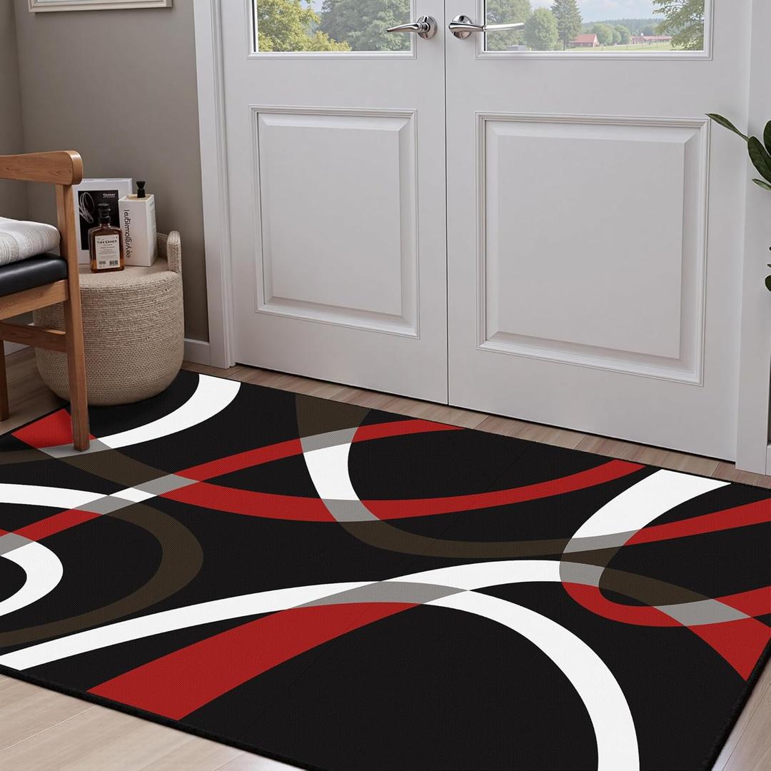 Classical Modern Black and Red Stripe Pattern Area Rug for Living Room 3x5 Outdoor Rug Non Slip&Non-Shedding Low Pile Indoor Large Carpets for Bedroom, Dining Room, Home Office, Bathroom
