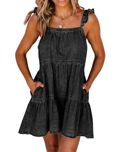 Newffr Women's Summer Denim Dresses Square Neck Ruffle Trim Sleeveless Babydoll Dress Flowy Jean Dresses with Pockets Black S