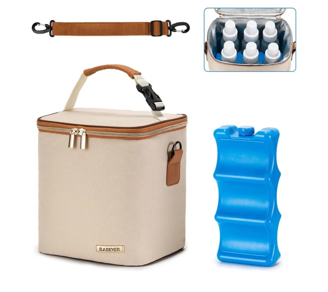 Breastmilk Cooler Bag with Ice Pack Fits 6 Baby Bottles Up to 9 Ounce, Baby Bottle Bag with Shoulder Strap for Nursing Mom Daycare, Cream