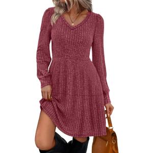 SAMPEEL Women's V Neck Long Sleeve Fall Dresses Baby Doll Casual Sweater Dress Fashion Clothes (Large, Fuchsia)