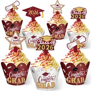 Sinmoe 96 Pieces 2026 Graduation Cupcake Toppers Wrappers Congrats Grad Cake Decorations Adjustable Cap Diploma Cake Wrappers Toppers Class of 2026 Grad Graduation Party Supplies(Maroon Gold)