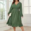 Women's Plus Size Fall Dress Long Sleeve V Neck Smocked Swiss Dot Flowy High Waisted A Line Ruffle Midi Dress (XL)