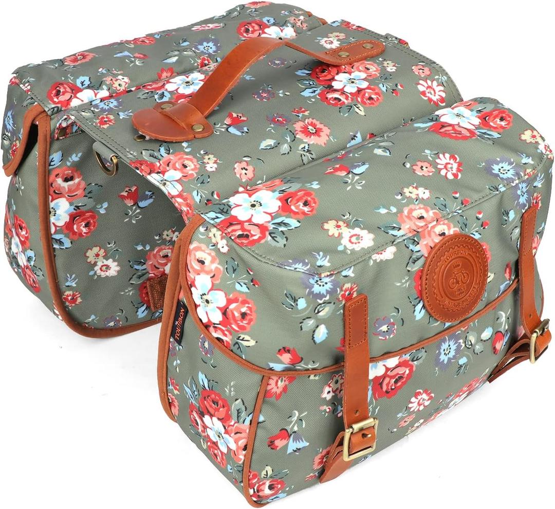 TOURBON Waterproof Canvas Bicycle Bike Rear Seat Carrier Bag Cycling Double Pannier Bag Pack (Green with Flower)