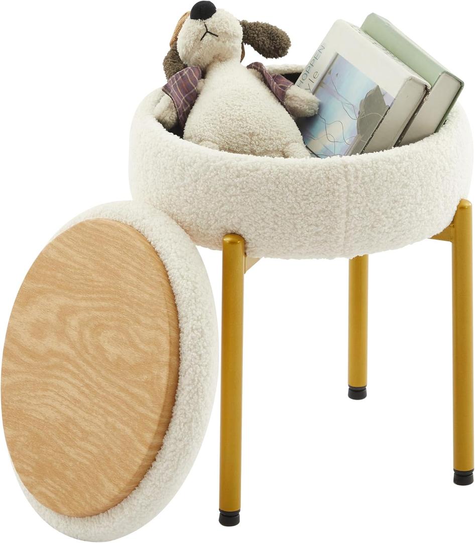 Vanity Stool Chair with Storage Multi-Functional Makeup Stool & Side Table Teddy Velvet, 4cm Foam Support Storage Chairs, 300lb Capacity for Bedroom Living Room Dressing Room (White+Gold)