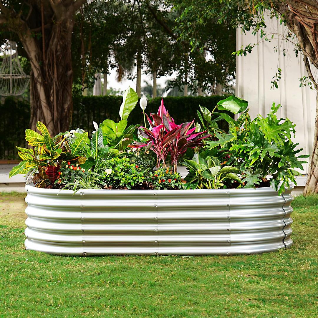 Plant & Plot Galvanized Raised Garden Beds Outdoor // 8×4×1 ft Planter Raised Beds for Gardening, Vegetables, Flowers // Large Metal Garden Box // Patented Tool-Free Design (Silver)