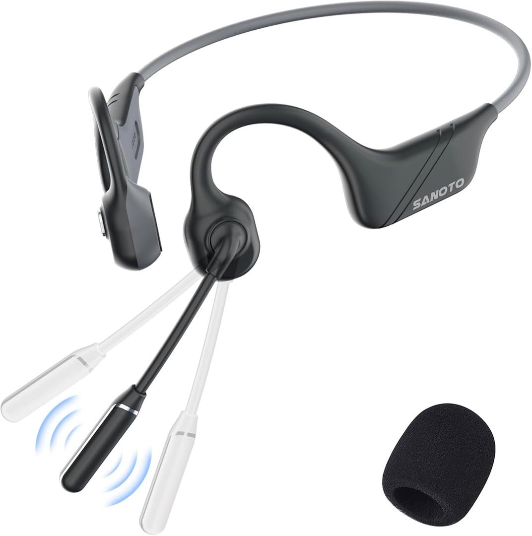 SANOTO Bone Conduction Headphones with Mic, Bluetooth Headset with Microphone Noise Canceling & Mute, Wireless Headset with Sponge Microphone Windscreen, Open Ear Headphones for Work Driving Call (Black and Gray)