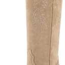 ISNOM Women's Cowgirl Boots Pull On Knee High Boots, Cowboy Western Embroidered Chunky Block Heel Pointed Toes Boots, US 7