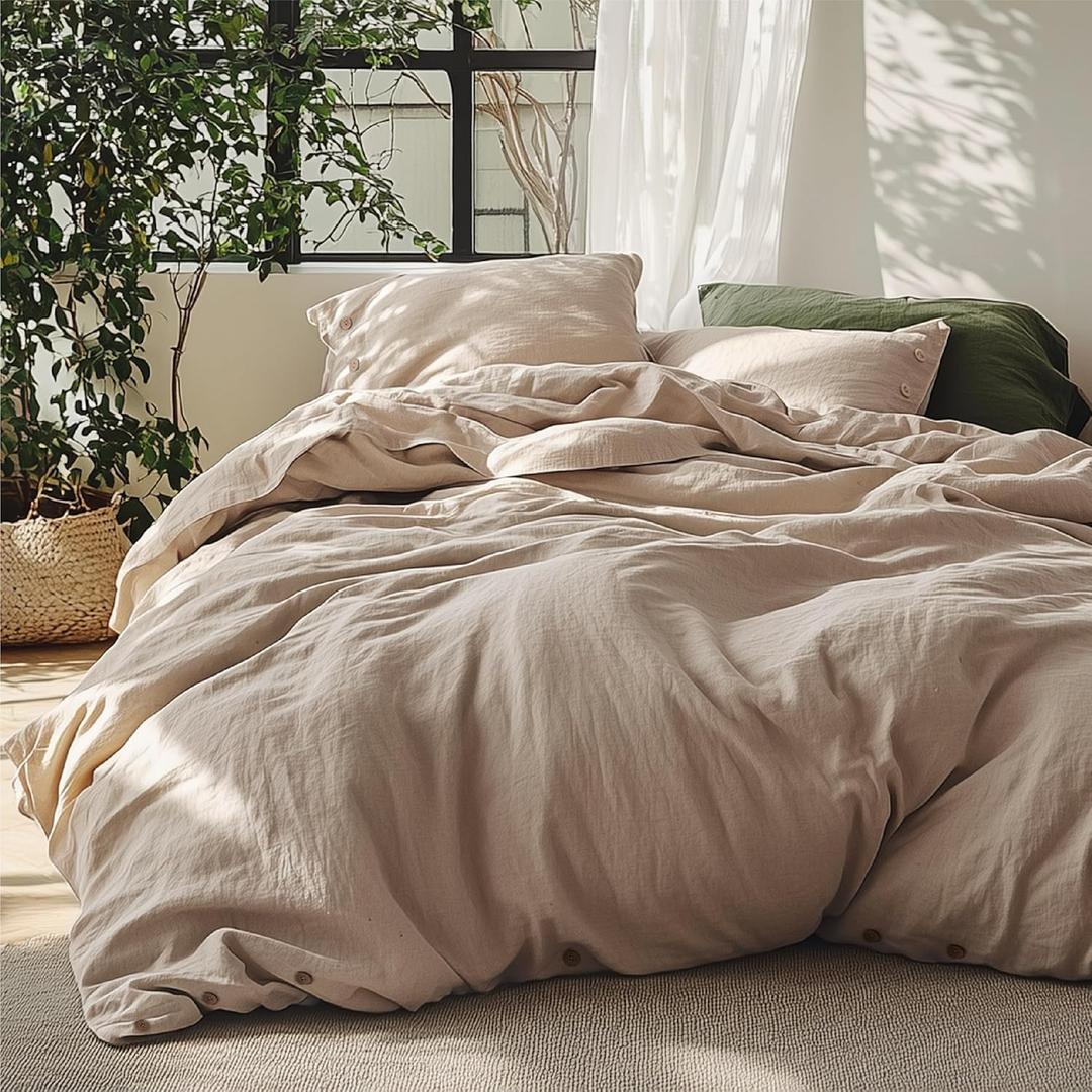 Bedsure Linen Duvet Cover Queen Size - Linen Cotton Blend Bedding Set, Soft & Cozy, 3 Pieces, 1 Duvet Cover 90x90 Inches and 2 Pillowcases, Taupe Color Cooling Bedding, Comforter Sold Separately (00 - Warm Tan (No Comforter))