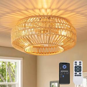 19 Inch Caged Ceiling Fans with Light, Hand-Woven Rattan Low Profile Fandelier Ceiling Fans with Light and Remote Control, 6 Speed, Bladeless Boho Enclosed Flush Mount Ceiling Fan for Bedroom Kitchen