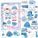 Qpout Winter Photo Booth Props With Frame, Blue Pink Snowflake Frozen Party Decorations for Holiday Selfie Pictures, Wonderland Party Favors Supplies
