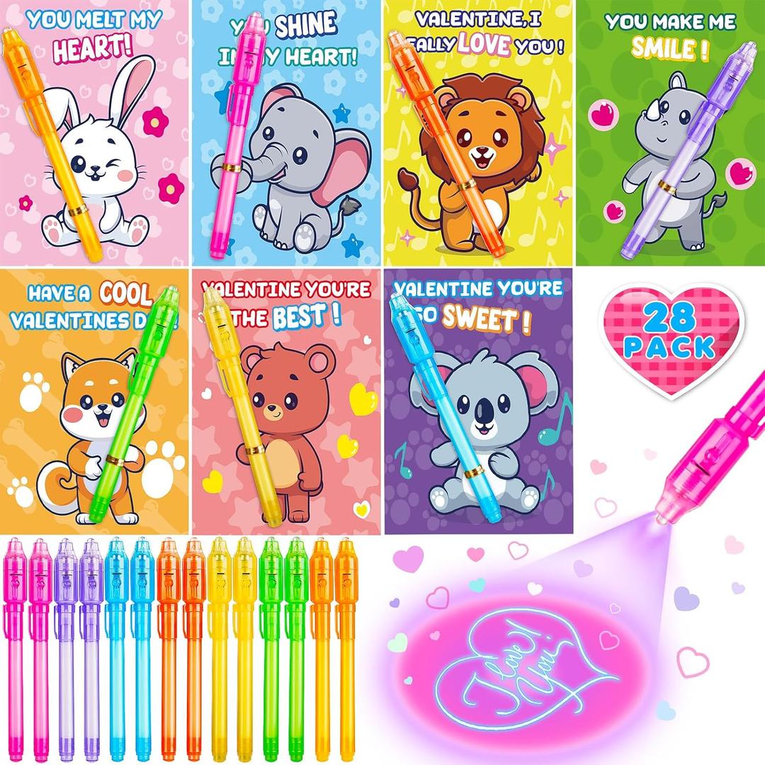 Jumlys Valentines Day Cards for Kids School, 28 Pack Invisible Ink Pens with Greeting Cards, Valentine Day Party Favors for Boys Girls, Ideal Exchange Cards for Classroom