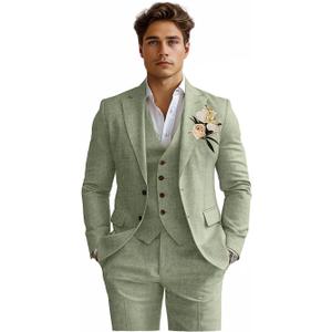 Linen Mens Suits 3 Piece Slim Fit Tuxedo Suit for Men Beach Wedding Formal Business Suit Groom Prom Set Outfits (Sage Green), XS