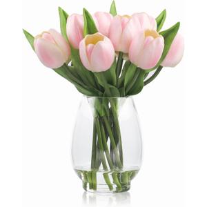 WELL KNOWN 12 Pcs Tulips Artificial Flowers in Vase, Real Touch Tulips with Vase with Upgrate Acrylic Water Flower Arrangements Centerpiece for Dining Room Table DecorationPink
