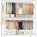 Homdox 3 Tier Garment Rack with Wheels, Portable Closets for Hanging Clothes Heavy Duty, Closet Racks and Shelving with Double Hanger Rods & Side Hooks, White