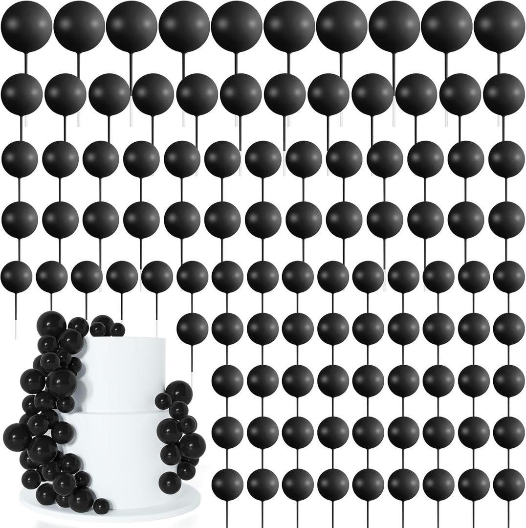 138 Pcs Black Balls Cake Topper Decorations Balloon Cupcake Toppers Foam Cake Topper Balls Decorations for Halloween Birthday Party Wedding Anniversary