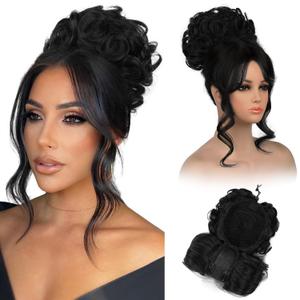 REECHO Messy Bun Hair Piece with Bangs - 2-in-1 Hair Bun Hairpieces Curly Updo Wig & Hair Topper with Long Side Bangs Natural-Looking Drawstring Ponytail Extension for Women - Black