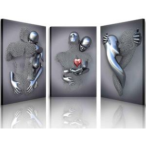 Framed Wall Art for Bedroom 3D Metal Effect Love Heart Couple Wall Art Decor for Living Room 3 Pieces Modern Abstract Grey Black and White Canvas Prints Poster Pictures Paintings for Wall Decorations (16"L x 12"W)