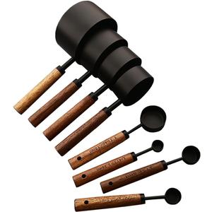 8 pieces Black Measuring Cups Set and Measuring Spoons Set with Scale, BRIIEC Wooden Handle Stainless Steel Dry & Liquid Measuring Cup for Cooking Baking