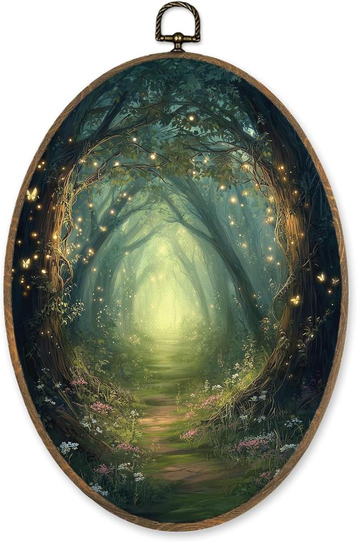 LKETW Vintage Fantasy Forest Oval Wall Art Decor, Rustic Nature Enchanted Forest Oval Canvas Hanging Decor, Mystical Cottagecore Wall Decorations for Home Bedroom Living Room, 8.6x11.4 Inch