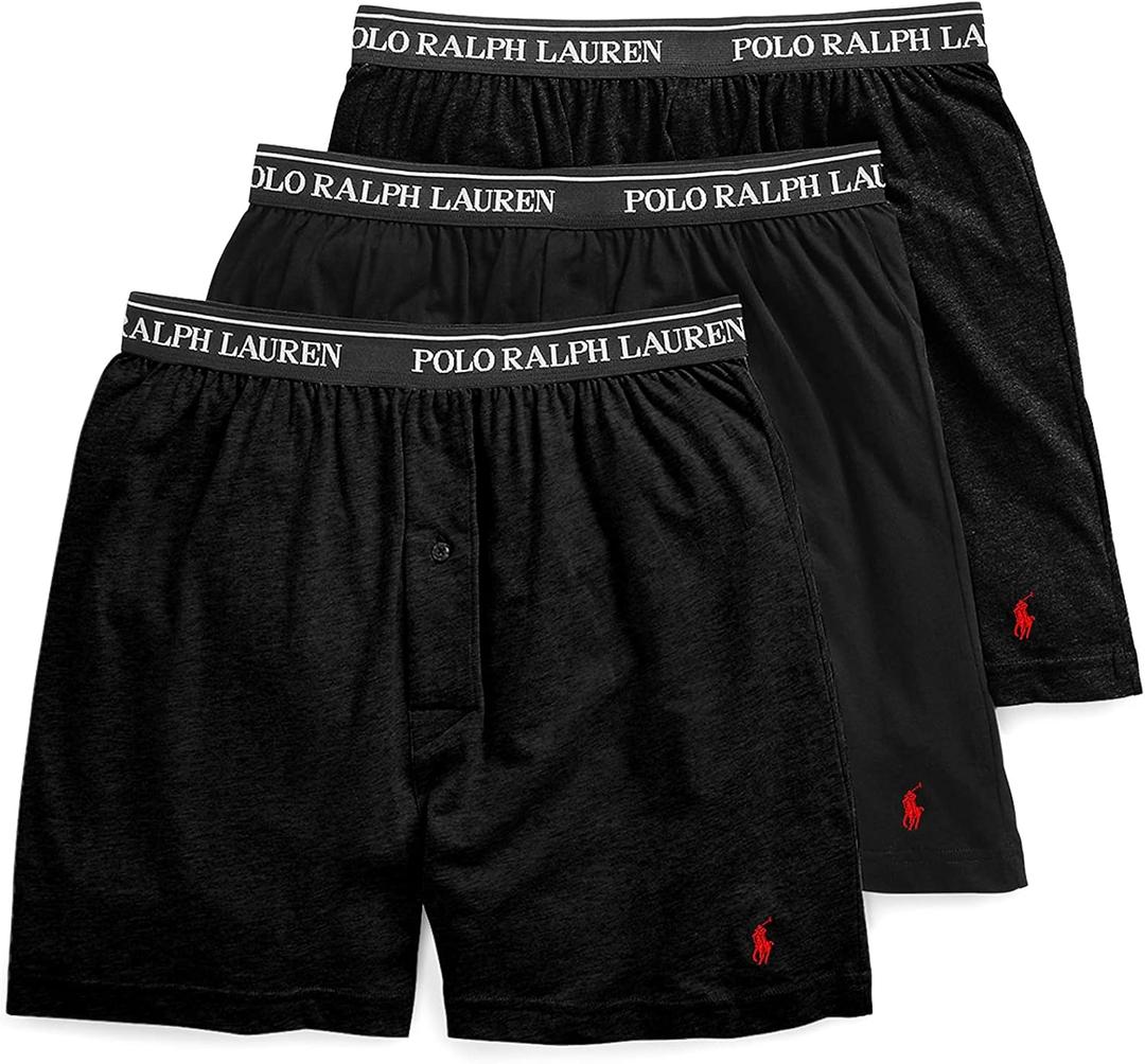 POLO RALPH LAUREN Men's Classic Fit Cotton Knit Boxers, 3 Pack (XX-Large, Black/Red Pony Player)