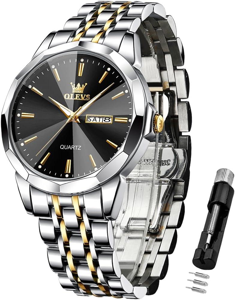 OLEVS Watches for Men Business Dress Diamond Analog Quartz Big Face Luxury Classic Stainless Steel Waterproof Luminous Two Tone Wristwatch