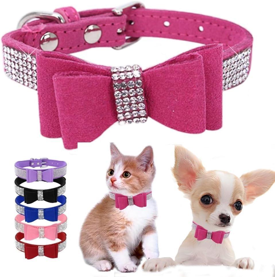 Small Dog Collars for Female Dogs, Cute Bling Rhinestone Crystal with Bow Tie Glitter Diamond Bowtie Puppy Collars for Small Pet Girls Dogs Cats (Rose, S)