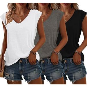 Bliwov 3 Pack Womens Cap Sleeve Tops V Neck T Shirts Spring Summer Casual Plus Size Beach Vacation Fashion Basics Tee Clothes, Large, (Grey+black+white)