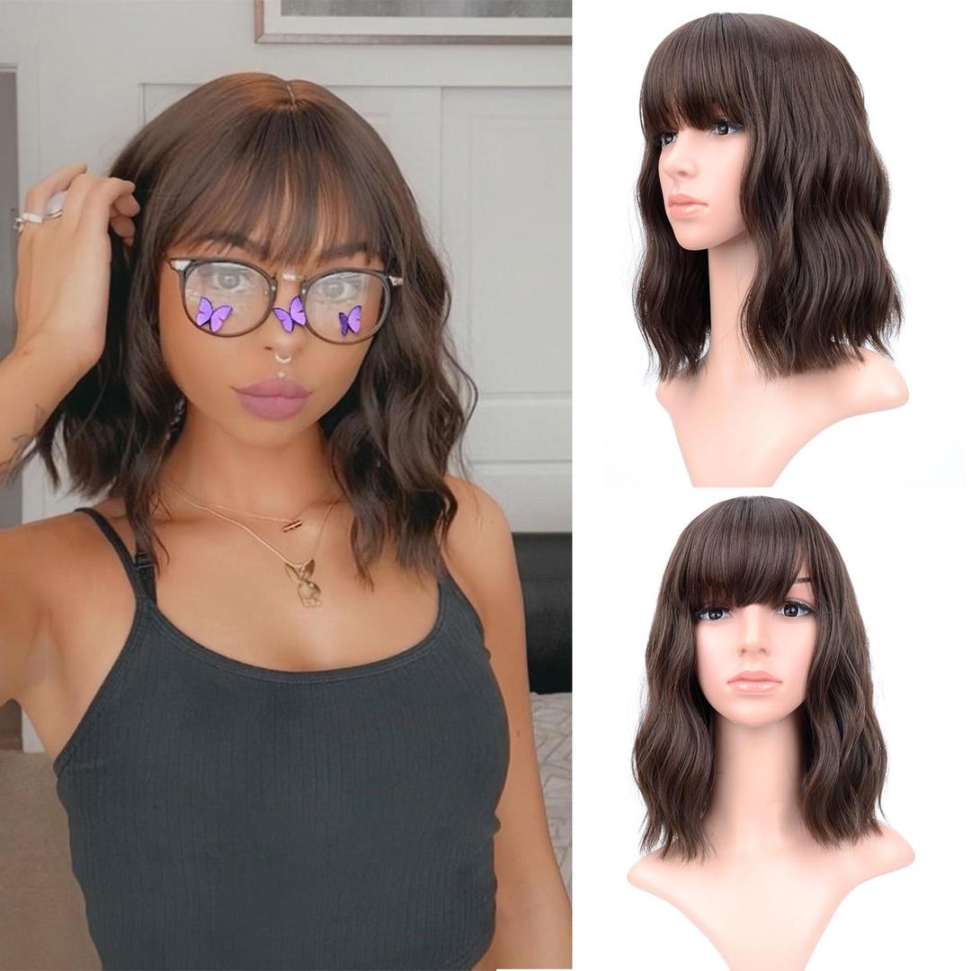 VCKOVCKO Natural Brown Wavy Wig With Air Bangs Women's Shoulder Length Wigs Curly Wavy Synthetic Cosplay Wig Pastel Bob Wig for Girl Colorful Wigs(12")