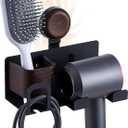 Hair Dryer Holder Wall Mount with Suction Cup, No-Drill Metal Blow Dryer Holder, Hair Accessories Tools Organizer Rack with 1 Toothbrush Hanger & Shelf, Walnut Finish for Bathroom