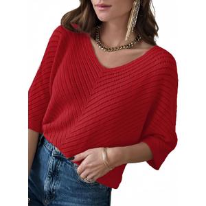 Dokotoo Women's 2026 Summer Spring Casual 3/4 Sleeve Solid Color V Neck Loose Pullover Knit Fall Sweaters Tops (Red, L)