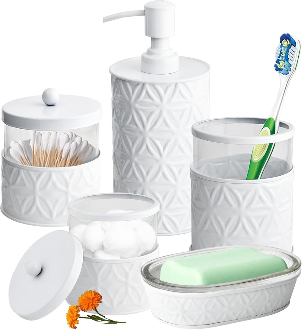 Autumn Alley White Bathroom Accessories Set, 5 Pieces, Bathroom Decor - Soap Dispenser Bathroom/Lotion Dispenser, Toothbrush Holder, 2 Glass Apothecary Jars (Qtip Holder), Soap Holder