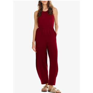 Happy Sailed Womens Jumpsuit Casual Crew Neck Sleeveless Jumpsuits High Waist Long Pant Rompers with Pockets S