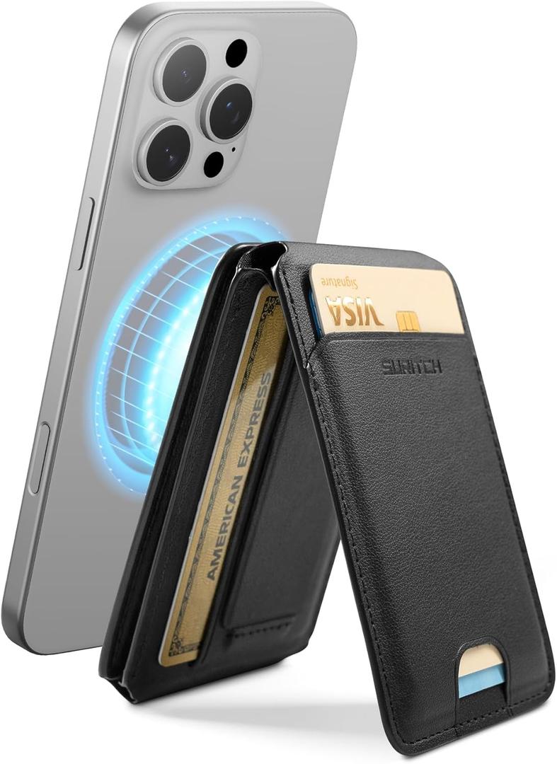 SURITCH for MagSafe Wallet with Stand, NFC-Supported Card Holder with RFID Blocking, Tri-fold Magnetic Wallet with Adjustable Stand Selfie Stick for iPhone 17/16/15/14/13/12 Series, Black