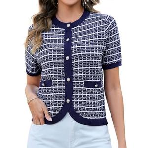 Jiflora Women's Summer Short Sleeve Cardigans Cropped Tweed Blazers Button Up Knitted Sweater Jacket for Dress with Pockets, Large, Blue 