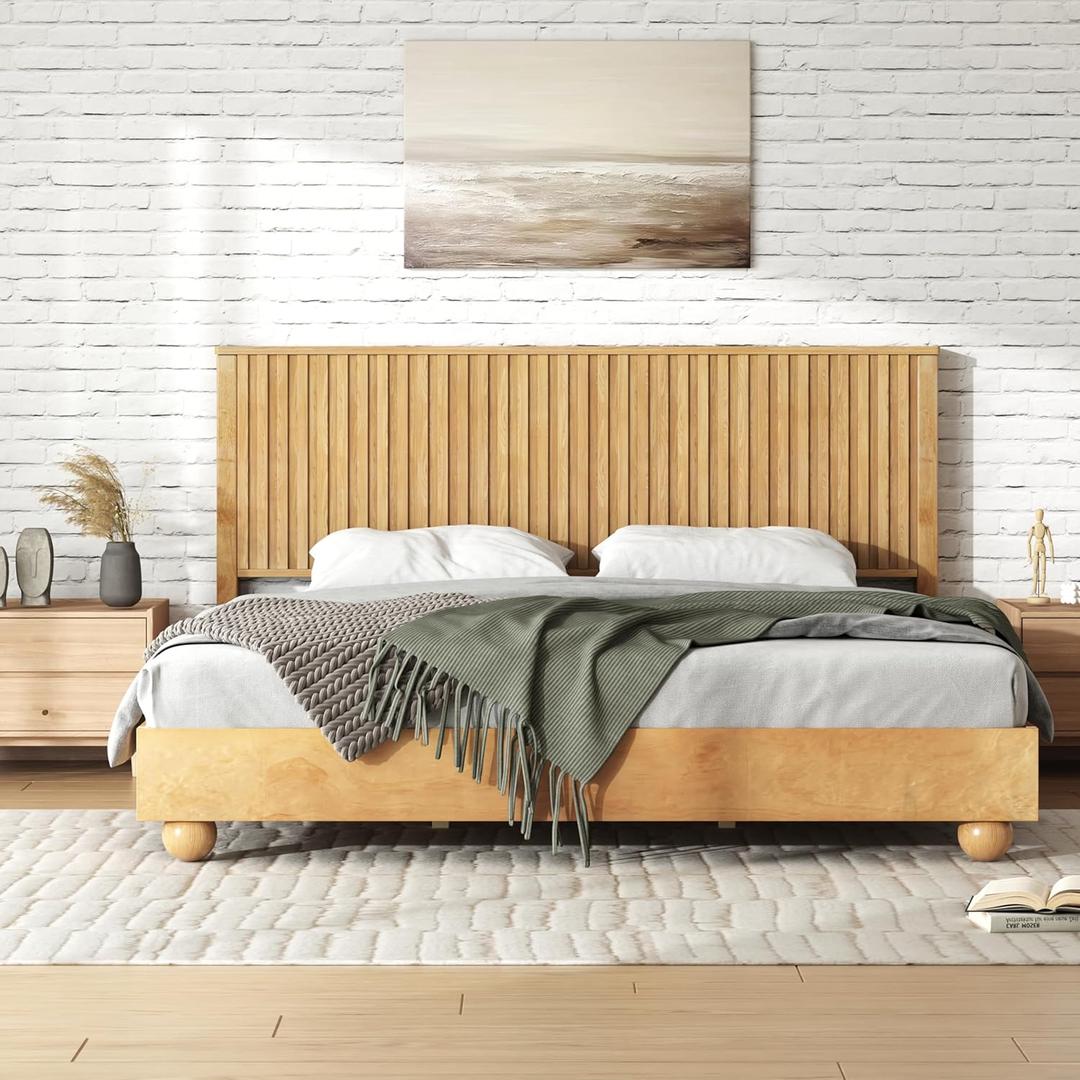Merax King Size Bed Frame with Reeded Headboard, Natural Wood Platform Bed Frame with Sturdy Wooden Support Slats, No Box Spring Needed, Holds up to 800 Pounds, Noise-Free, Easy Assembly