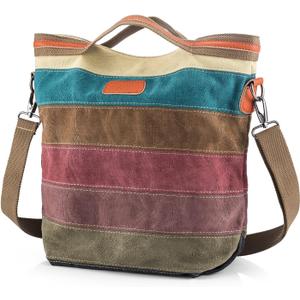 Canvas Handbag Multi-Color Striped Lattice Cross Body Shoulder Purse Bag Tote-Handbag for Women