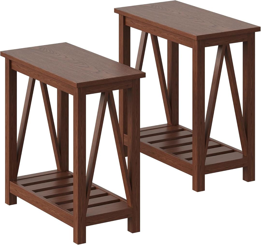ChooChoo Farmhouse End Table Set of 2, Rustic Vintage Narrow End Side Table with Storage Shelf for Small Spaces, Nightstand Sofa Table for Living Room, Bedroom Walnut