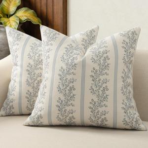 Vintage Throw Pillow Covers 18x18 Set of 2, Striped Floral Pillow Cover Botanical Patterned Decorative Cushion Covers Modern Farmhouse Home Decor for Sofa Couch Bed Living Room, Light Blue
