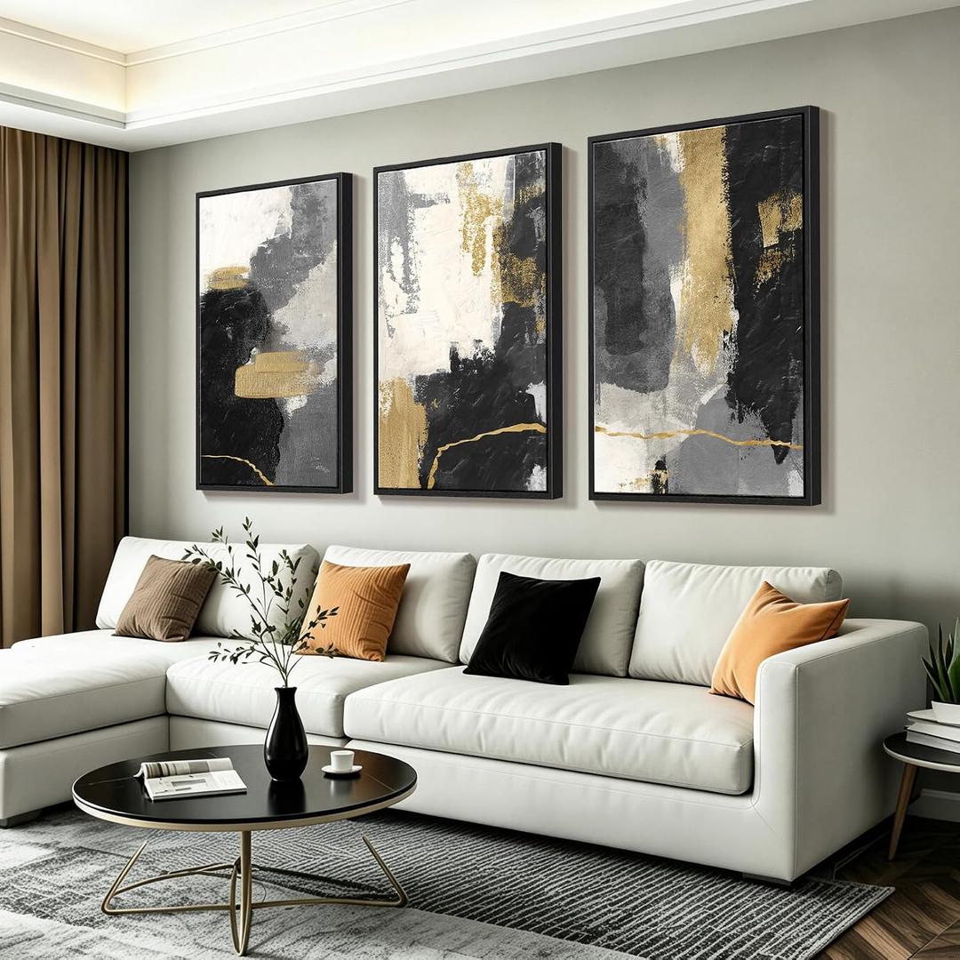 Large Framed Black Gold Canvas Wall Art for Living Room, Set of 3, 24x36 In